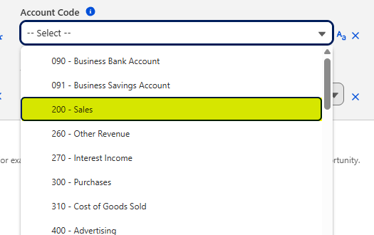 The Account Code dropdown open with 200 - Sales highlighted