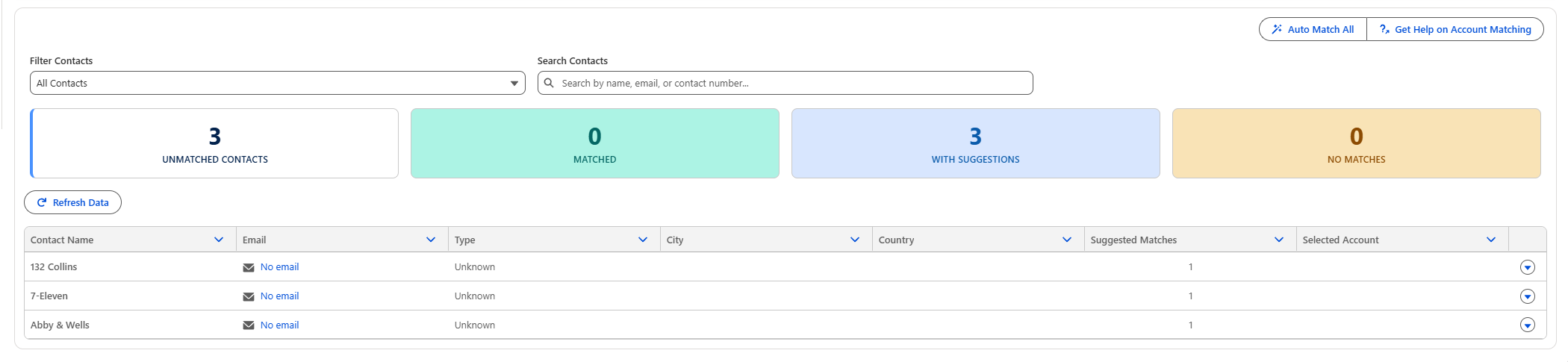 Account Matching page showing summary tiles and the contacts table