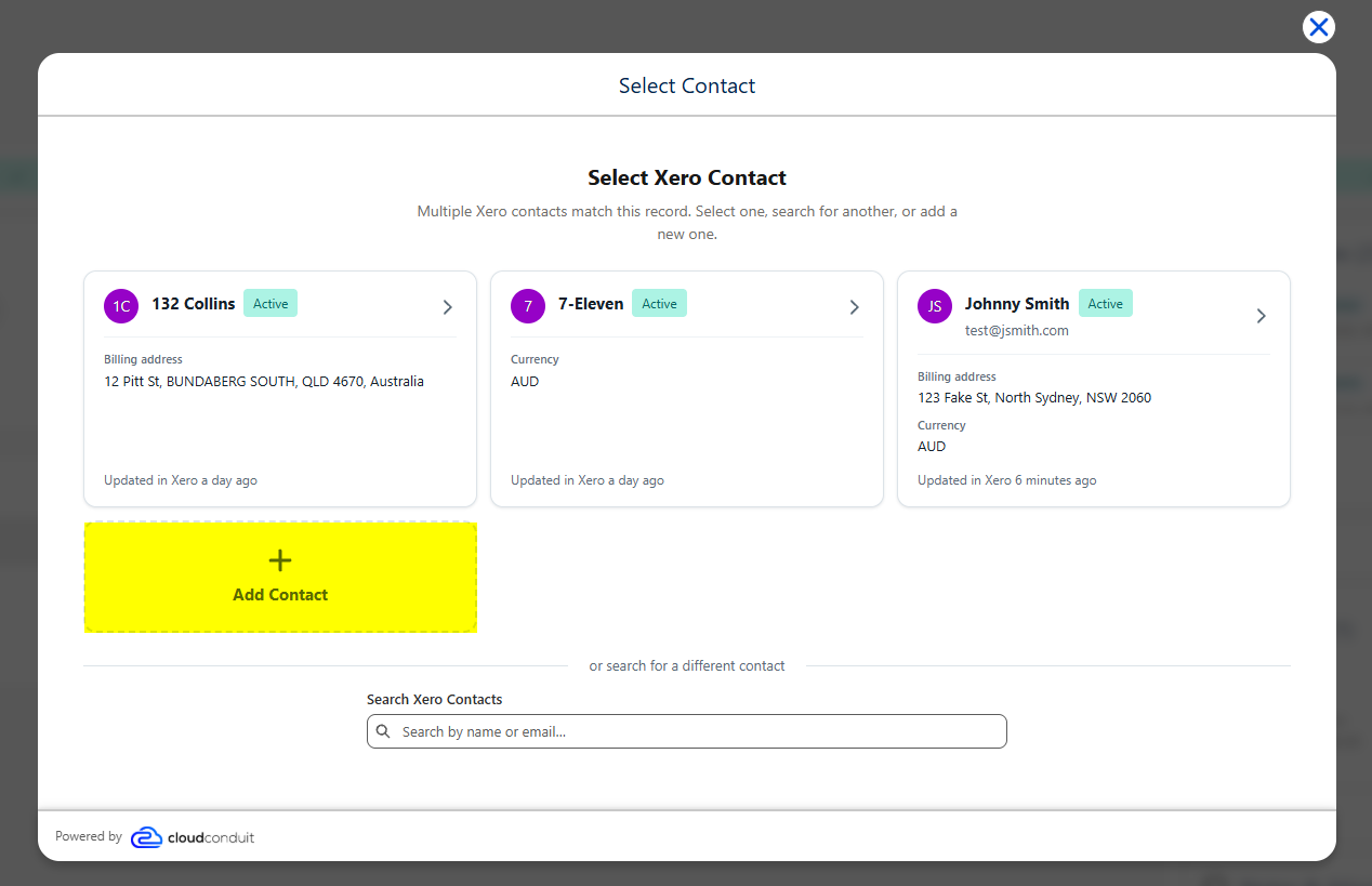The Select Xero Contact step with the Add Contact tile highlighted