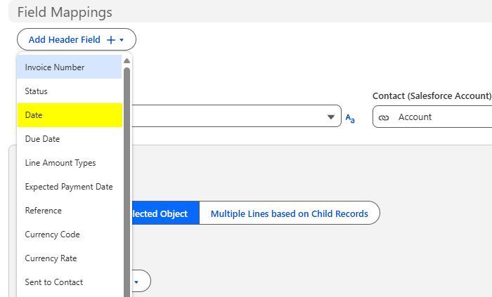 The Add Header Field menu open with the Date option highlighted