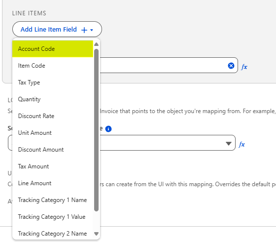The Add Line Item Field menu open with the Account Code option highlighted