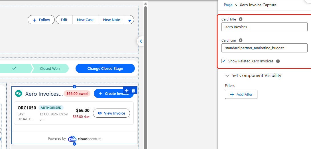 The Xero Invoice Capture properties panel showing Card Title, Card Icon and Show Related Xero Invoices