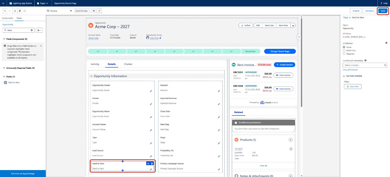 Send to Xero added below Lead Source in the Opportunity Information section, with the field and the Save button outlined