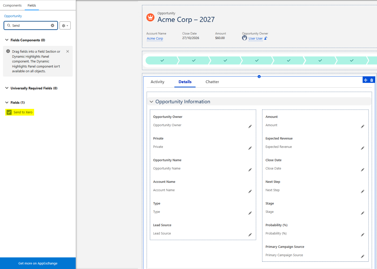 Lightning App Builder with the Fields tab open, Send entered in the search box and the Send to Xero field highlighted