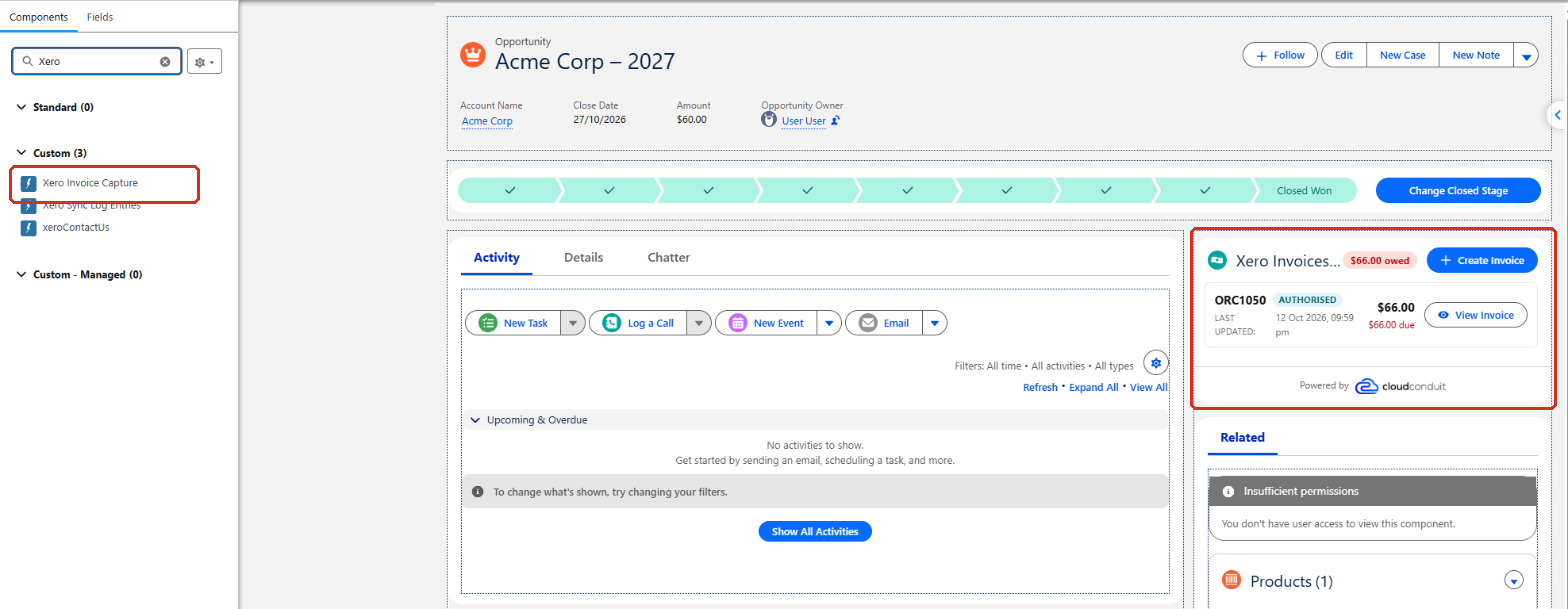 Lightning App Builder with Xero Invoice Capture in the Components list and the Xero Invoices card placed in the side column