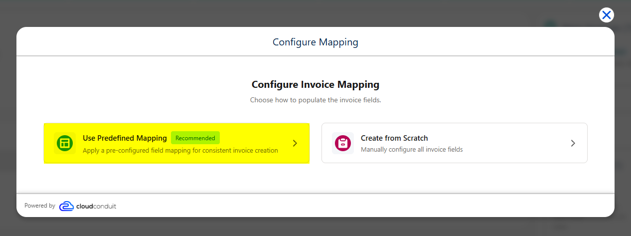The Configure Invoice Mapping step with Use Predefined Mapping highlighted