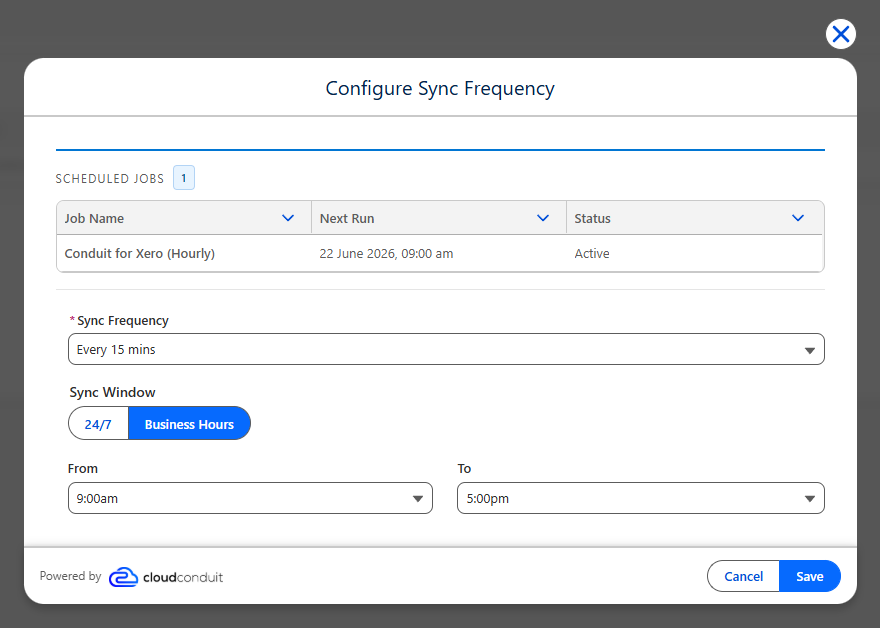 Configure Sync Frequency dialog showing scheduled jobs, frequency, and a Business Hours window