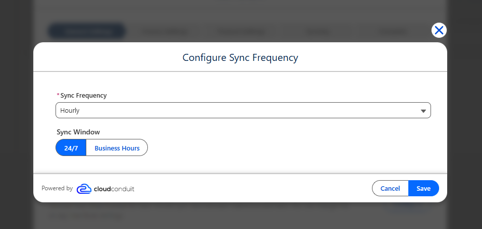 Configure Sync Frequency dialog with frequency and sync window options