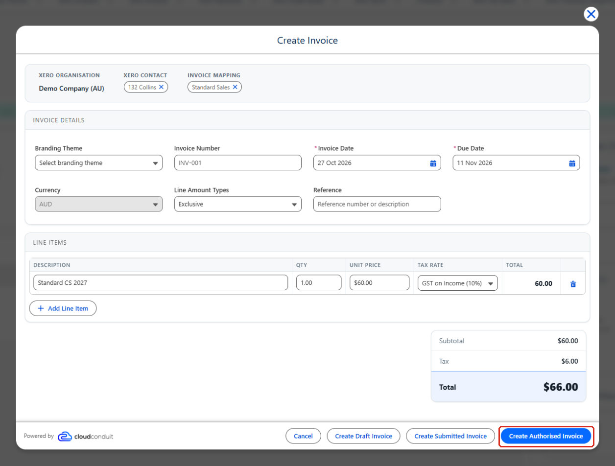 The Create Invoice screen filled in from the Standard Sales mapping, with the Create Authorised Invoice button outlined