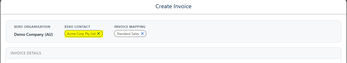 The Create Invoice screen with the new Acme Corp Pty Ltd contact highlighted under Xero Contact