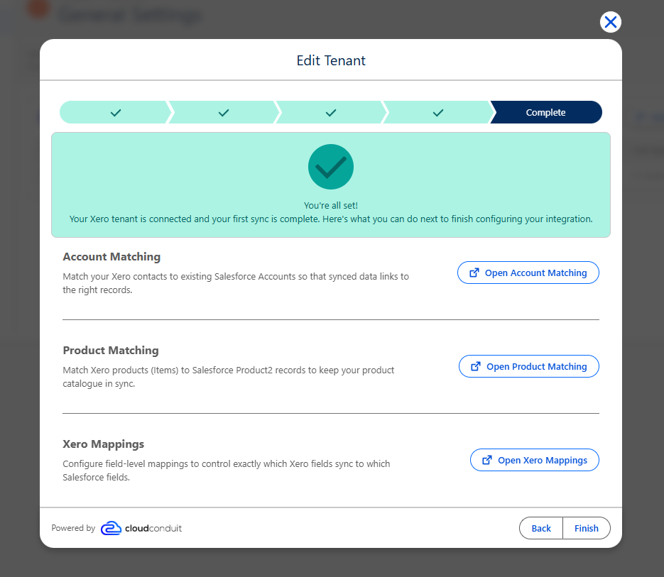 Edit Tenant Complete step with links to Account Matching, Product Matching, and Xero Mappings