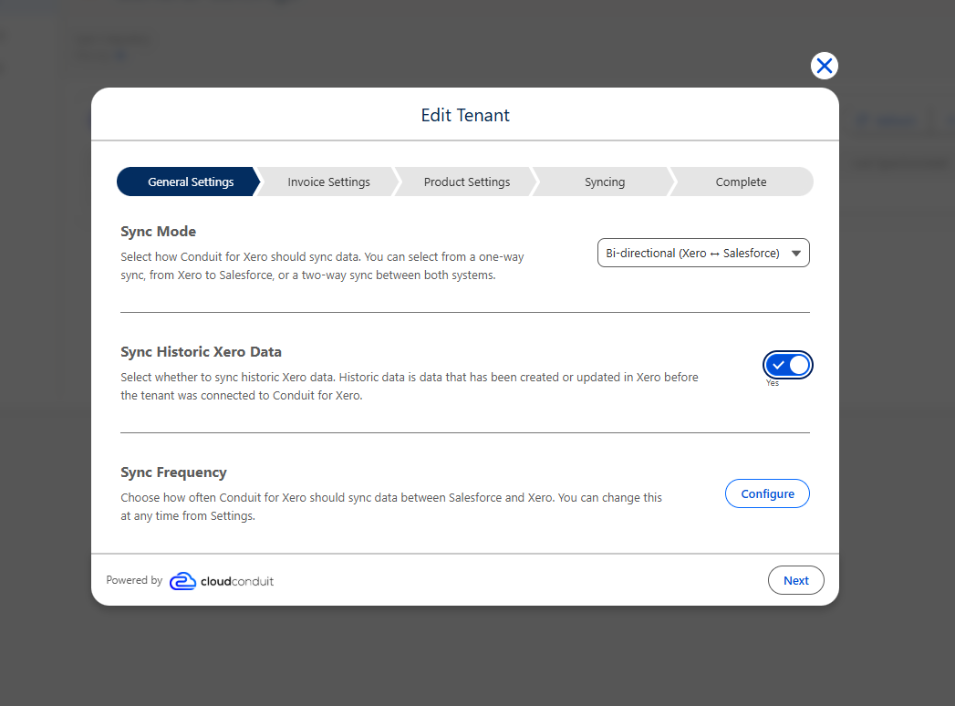 Edit Tenant General Settings step showing the Sync Mode dropdown