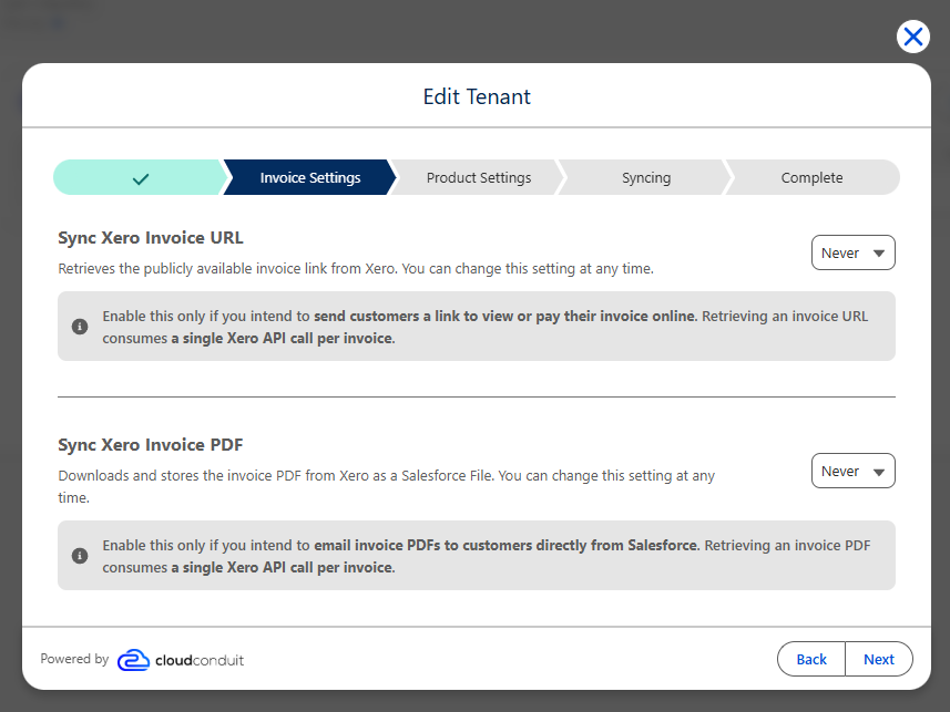 Edit Tenant Invoice Settings step showing the Sync Xero Invoice URL and Sync Xero Invoice PDF options