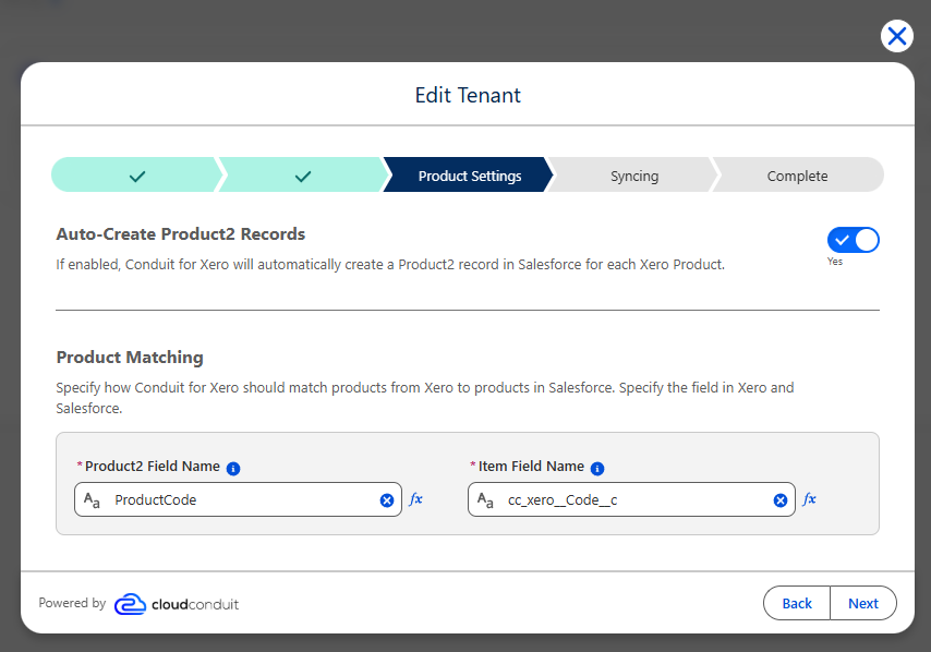Edit Tenant Product Settings step showing Auto-Create Product2 Records and Product Matching