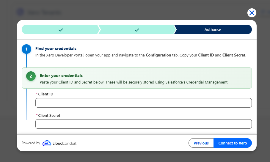Authorise step with fields for the Client ID and Client Secret