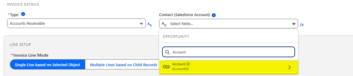 The Contact field picker searching Opportunity fields, with the Account ID lookup highlighted