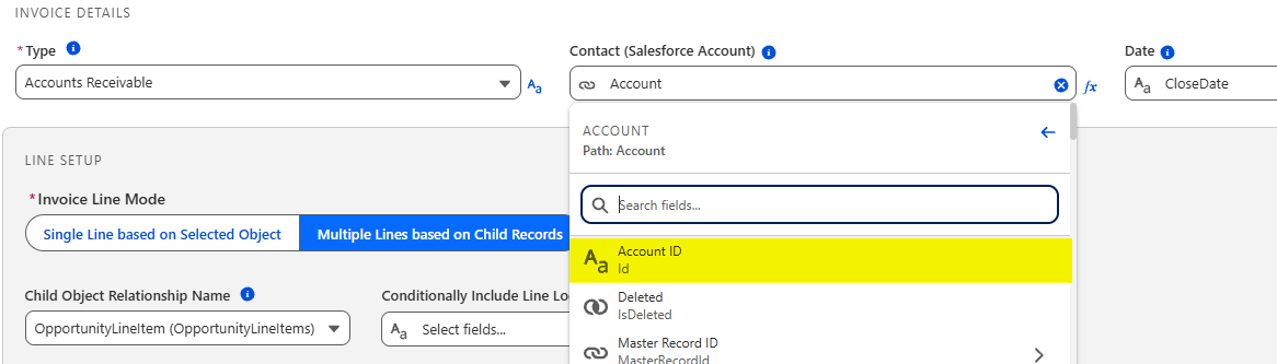 The field picker showing the related Account's fields with Path: Account, and Account ID highlighted