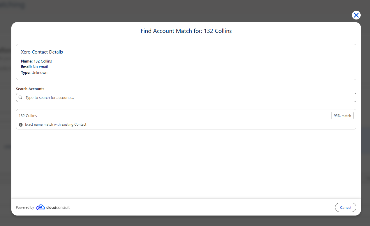 Find Account Match dialog with a suggested Account and confidence score