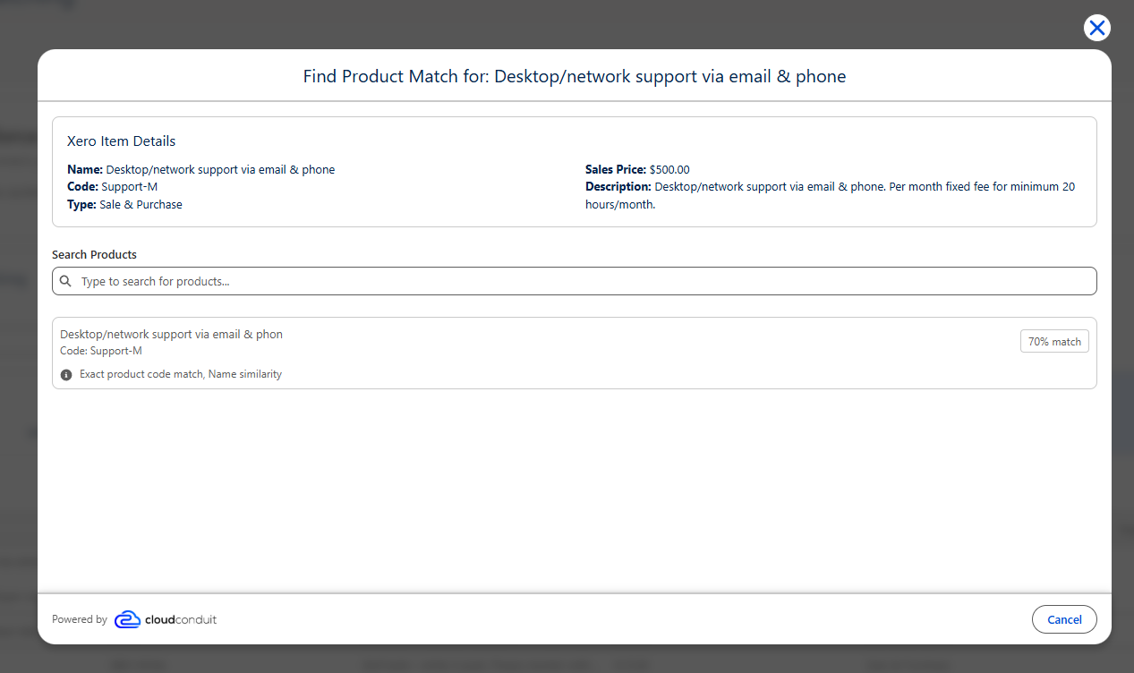 Find Product Match dialog with a suggested Product and confidence score