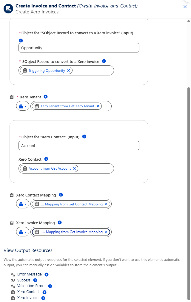 The Create Invoice and Contact action with the Xero Contact input typed as Account and both the contact and invoice mappings set