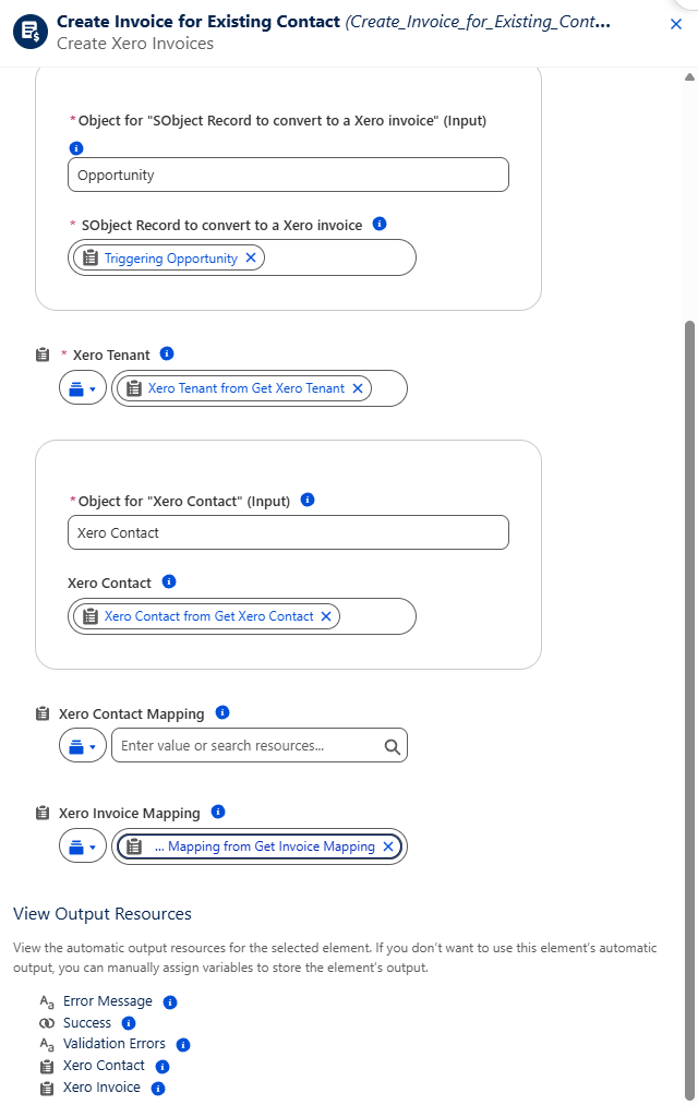 The Create Invoice for Existing Contact action with the Triggering Opportunity, Xero Tenant, Xero Contact and invoice mapping inputs set