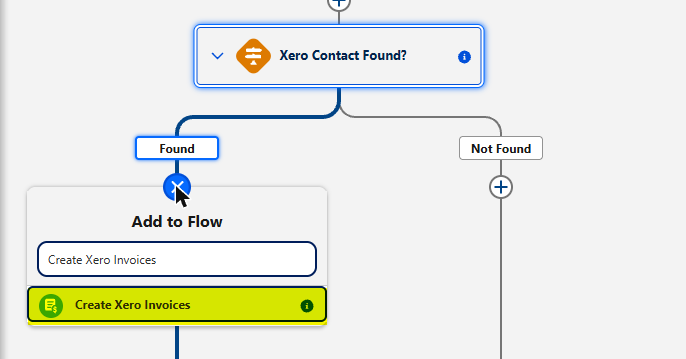 The Add to Flow menu with Create Xero Invoices highlighted