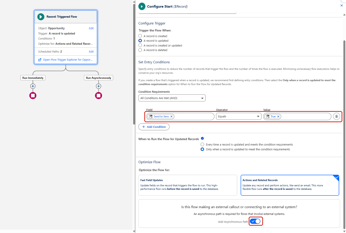 The Configure Start panel with the Send to Xero Equals True condition and the Add Asynchronous Path toggle outlined, and the Run Immediately and Run Asynchronously paths on the canvas