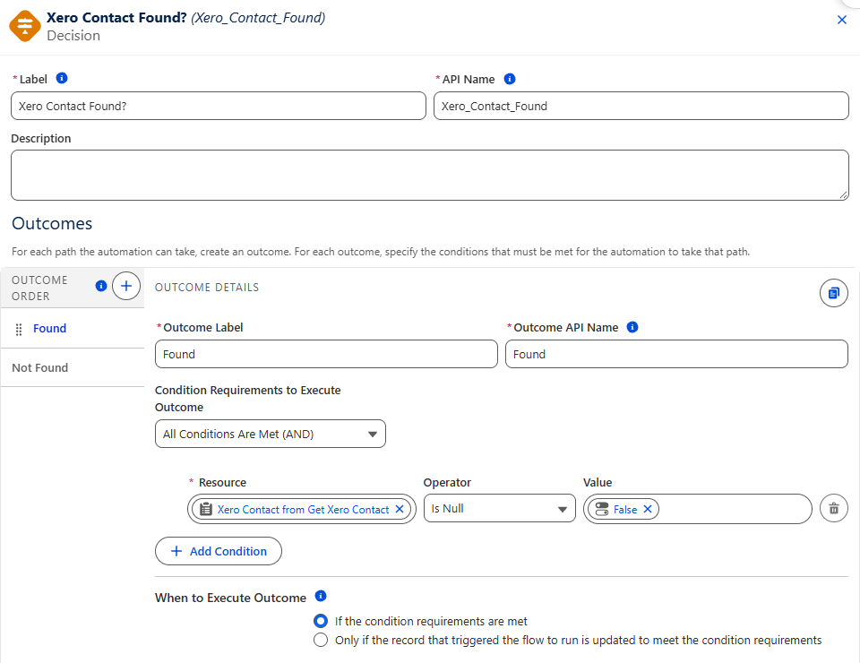 The Xero Contact Found? decision with a Found outcome where Xero Contact from Get Xero Contact Is Null False, and a Not Found default outcome