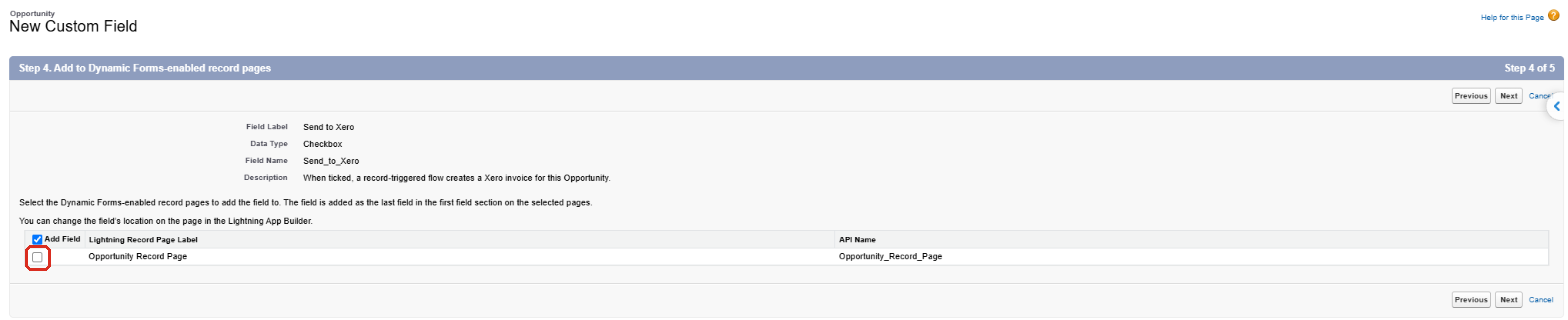 Step 4 of the wizard with the Opportunity Record Page checkbox cleared and outlined