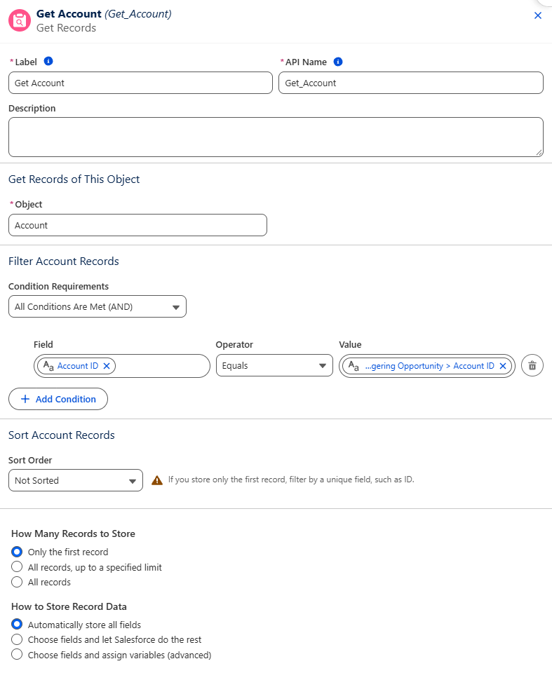 The Get Account element filtering Account records by Account ID equal to the Opportunity's Account ID