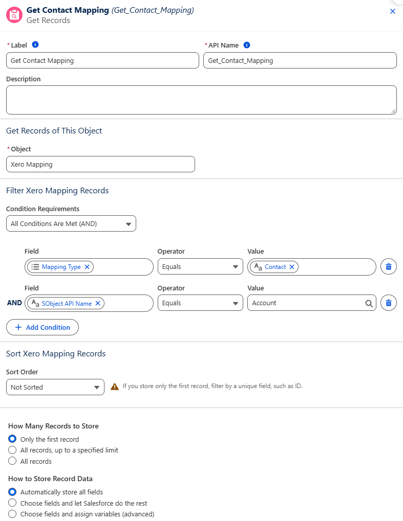 The Get Contact Mapping element filtering Xero Mapping records by Mapping Type Contact and SObject API Name Account