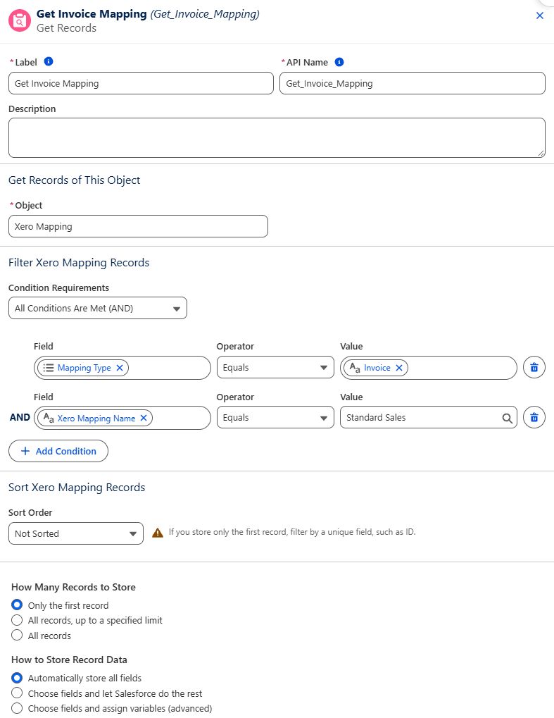 The Get Invoice Mapping element filtering Xero Mapping records by Mapping Type Invoice and Xero Mapping Name Standard Sales