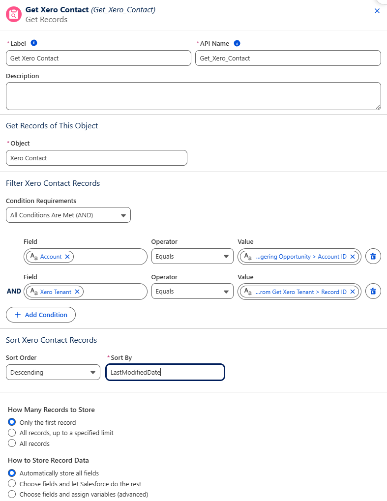 The Get Xero Contact element filtering by the Opportunity's Account and the Xero Tenant, sorted by LastModifiedDate descending