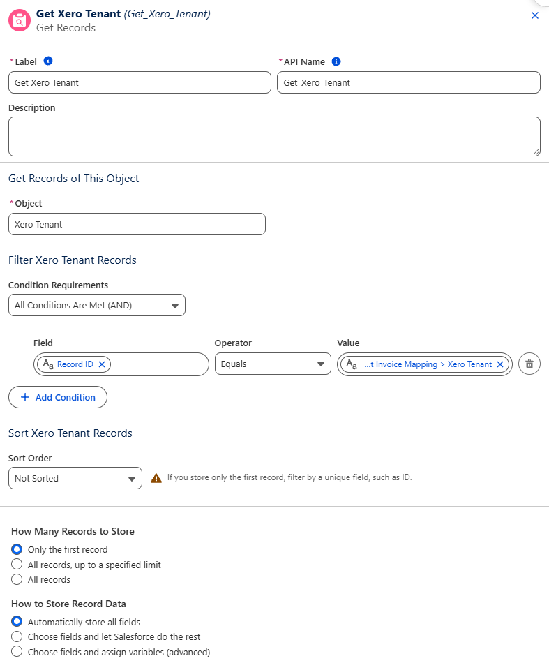 The Get Xero Tenant element filtering Xero Tenant records by Record ID equal to the invoice mapping's Xero Tenant