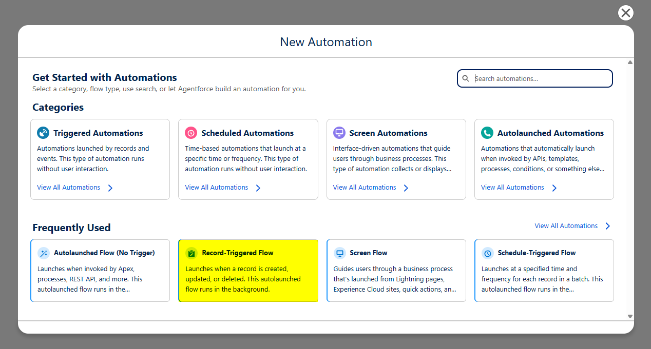 The New Automation dialog with Record-Triggered Flow highlighted under Frequently Used