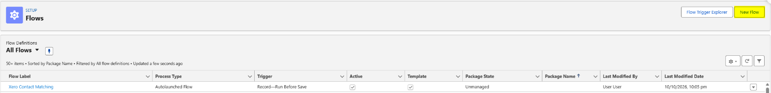 The Flows list in Setup with the New Flow button highlighted