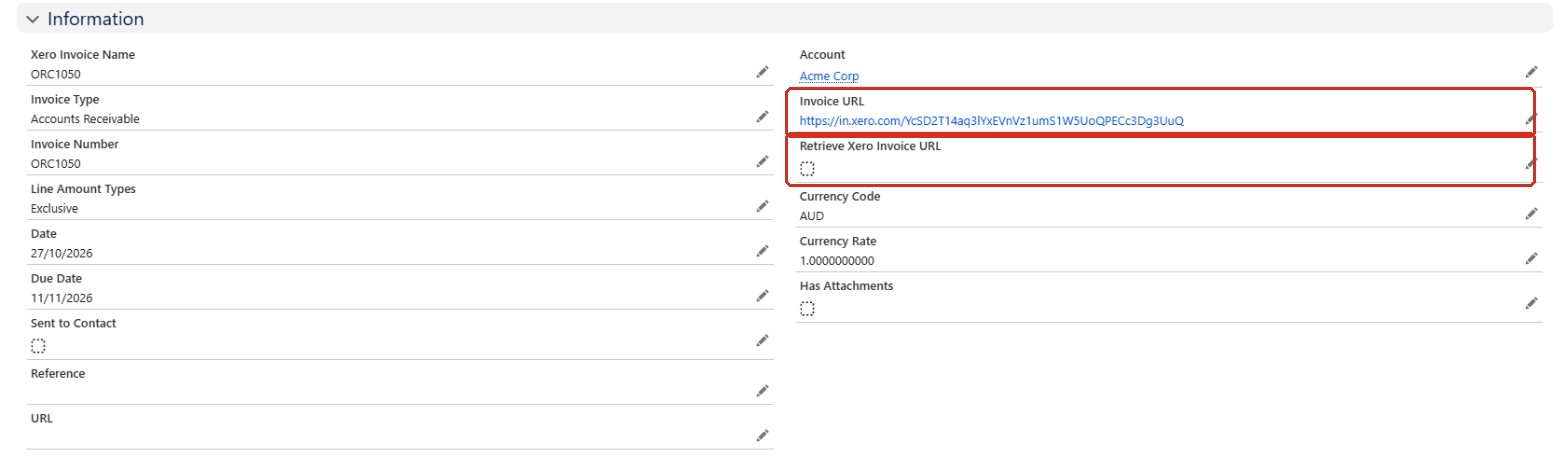 The Information section of the Xero Invoice record with the Invoice URL and Retrieve Xero Invoice URL fields outlined