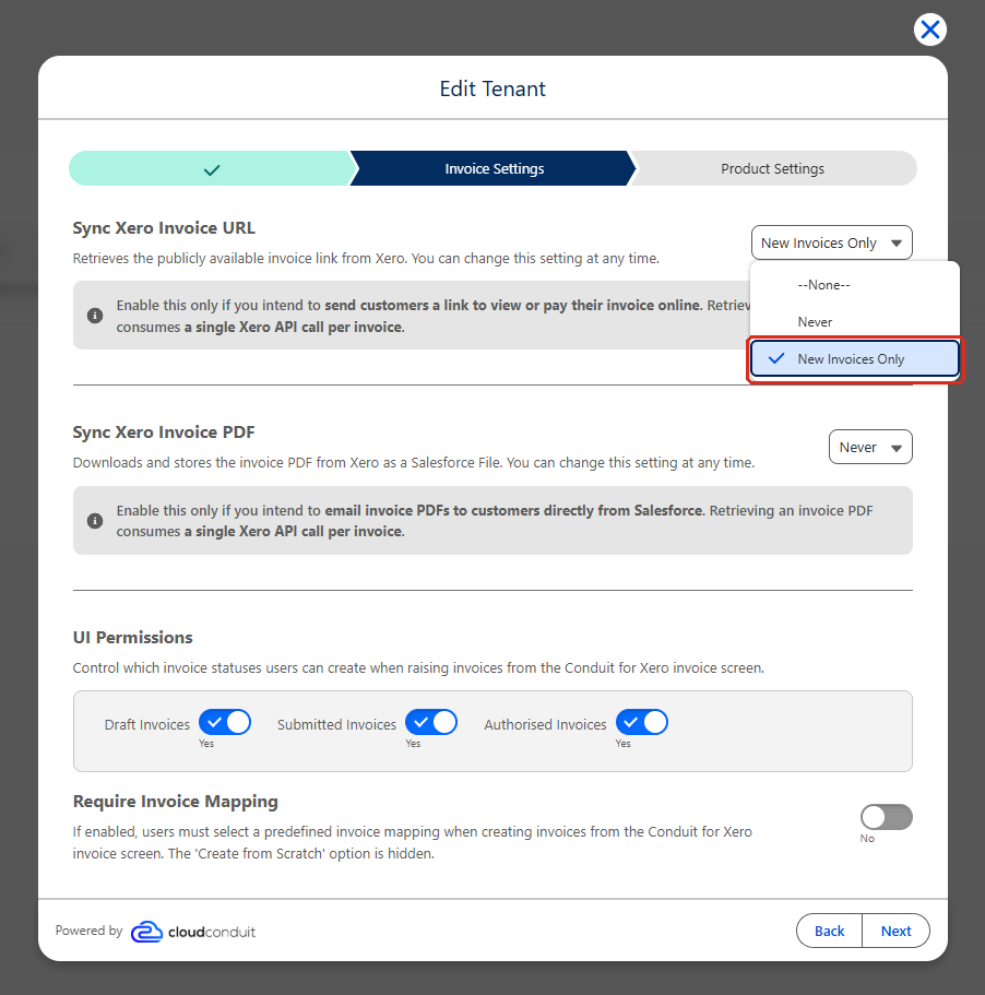 The Invoice Settings step of Edit Tenant with the Sync Xero Invoice URL list open and New Invoices Only outlined