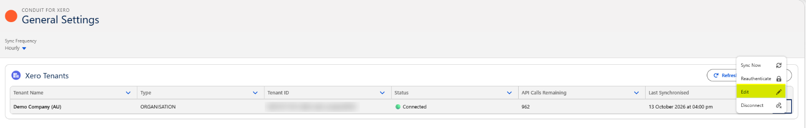 The Xero Tenants list in General Settings with the row menu open and Edit highlighted