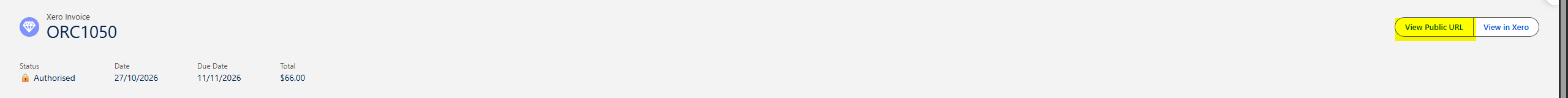 The Xero Invoice record ORC1050 with the View Public URL button highlighted