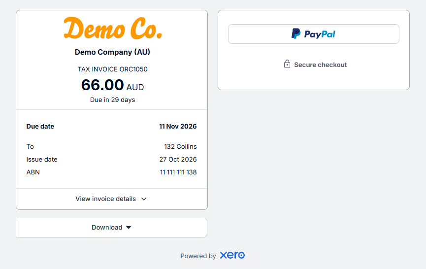 The Xero online invoice for ORC1050 from Demo Company (AU), showing the amount due, due date, Download button and a PayPal payment option