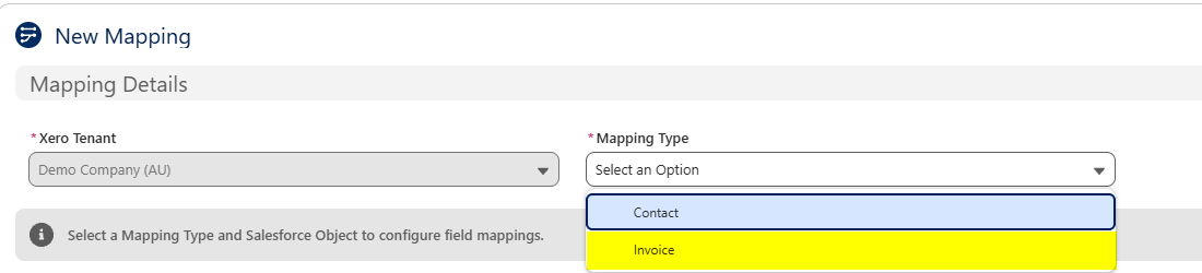 The Mapping Type dropdown open with the Contact and Invoice options, and Invoice highlighted