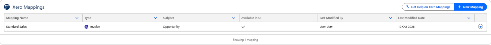 The Xero Mappings list showing the Standard Sales invoice mapping on the Opportunity object