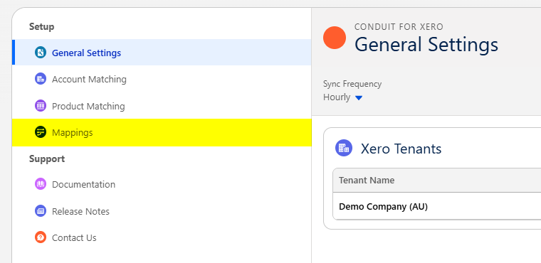 Mappings highlighted in the Conduit for Xero Settings navigation menu