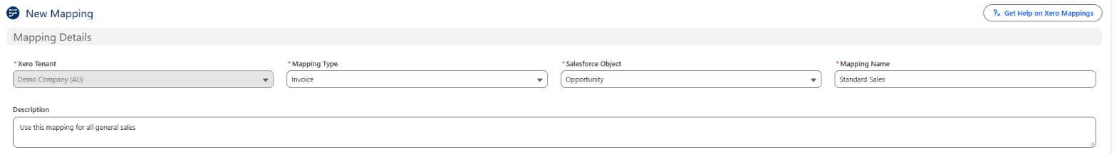 Mapping Details completed for an Invoice mapping on the Opportunity object named Standard Sales