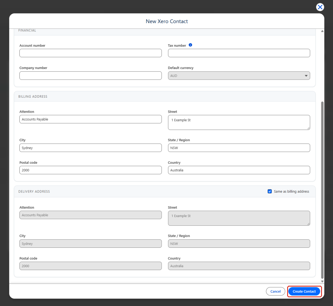 The Delivery Address section with Same as billing address selected, and the Create Contact button outlined