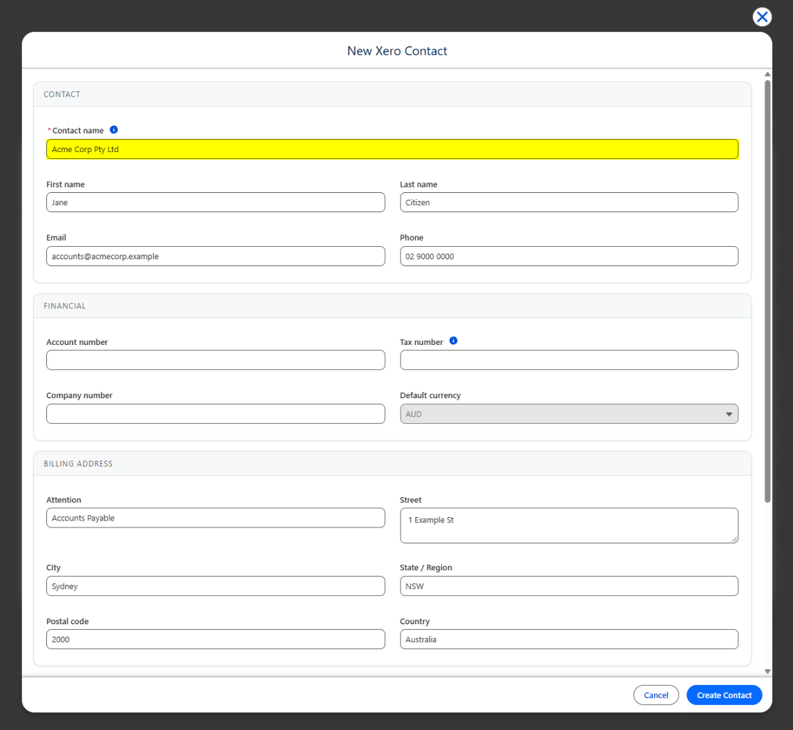 The New Xero Contact form with the Contact name field highlighted and the contact, financial and billing address details filled in