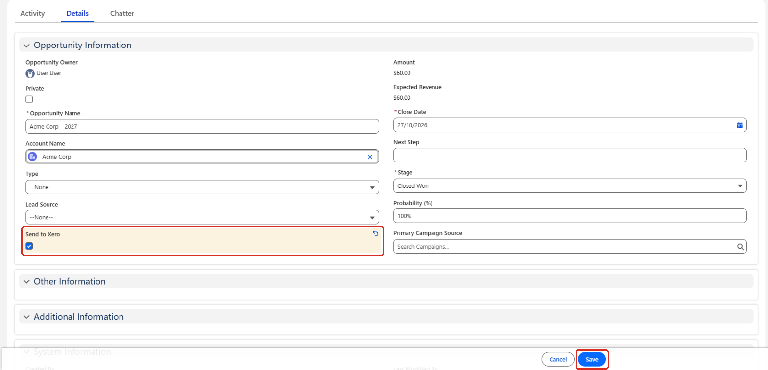The Opportunity Details tab in edit mode with Send to Xero selected, and the Send to Xero field and Save button outlined