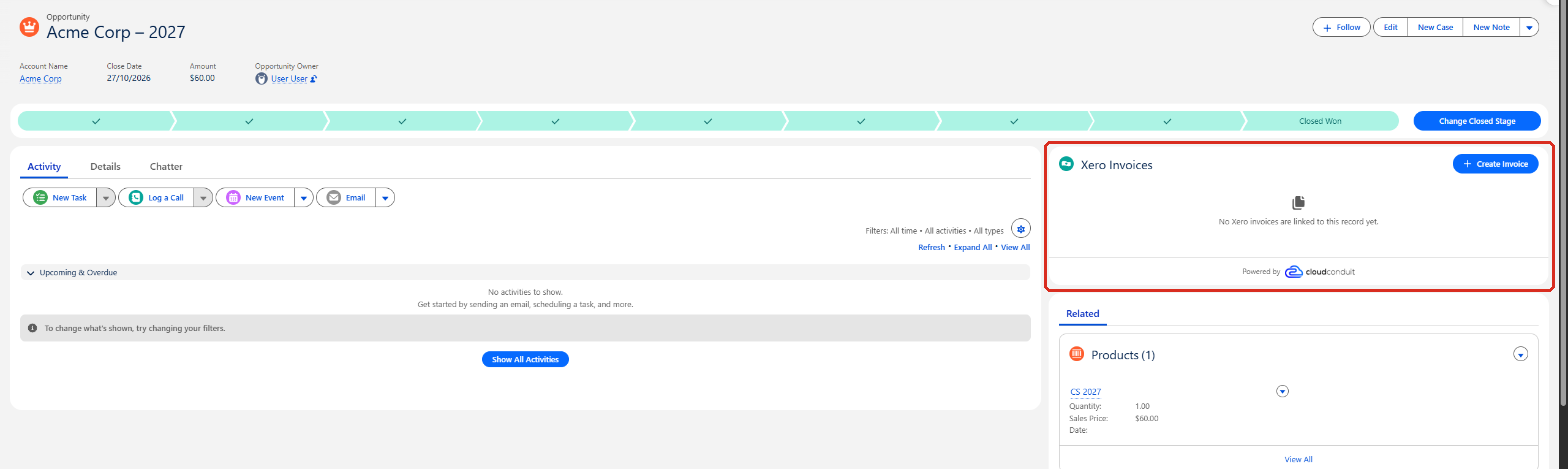 The Acme Corp – 2027 Opportunity record page with the Xero Invoices card outlined