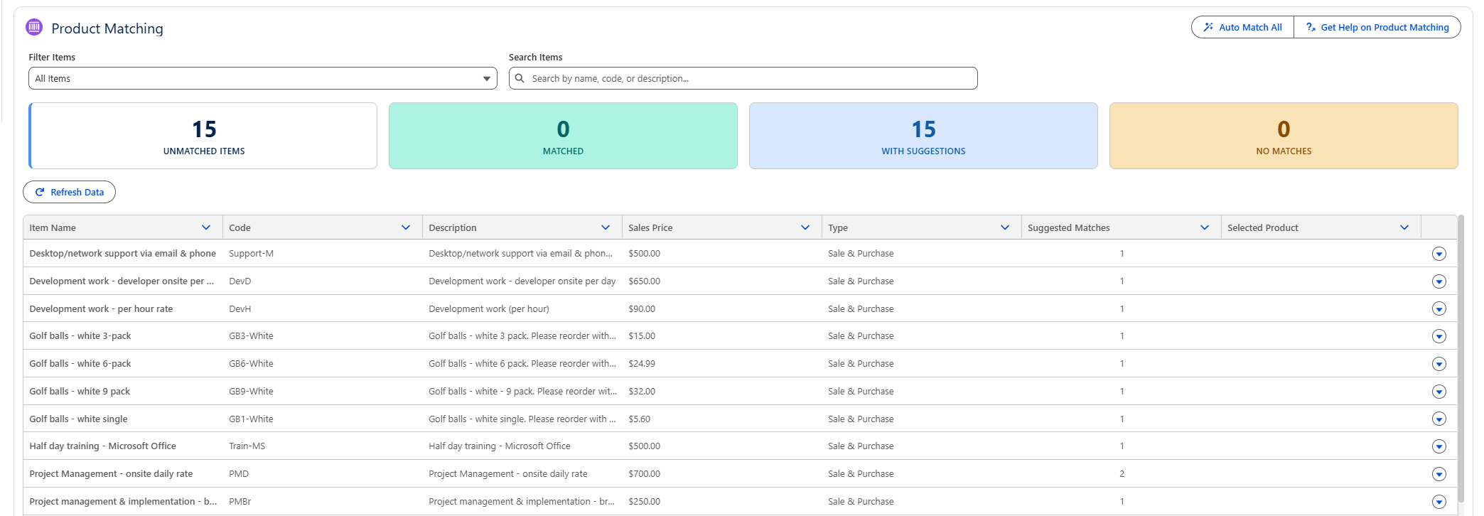 Product Matching page showing summary tiles and the items table